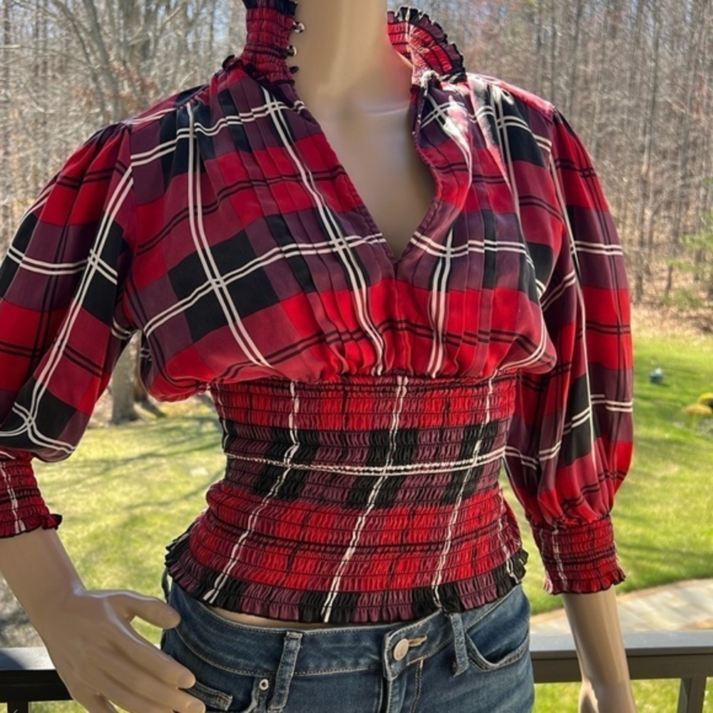 Guess, vintage silk plaid three-quarter sleeve adorable top